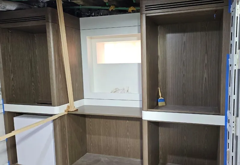 Cabin joinery and shelving during construction