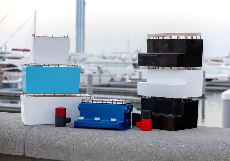 Marine water-system equipment and filters displayed at the waterfront